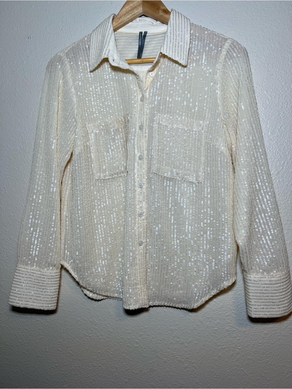 Anthropologie The Remie Sequin Button Down Shirt Cream Ivory Blouse Size Small